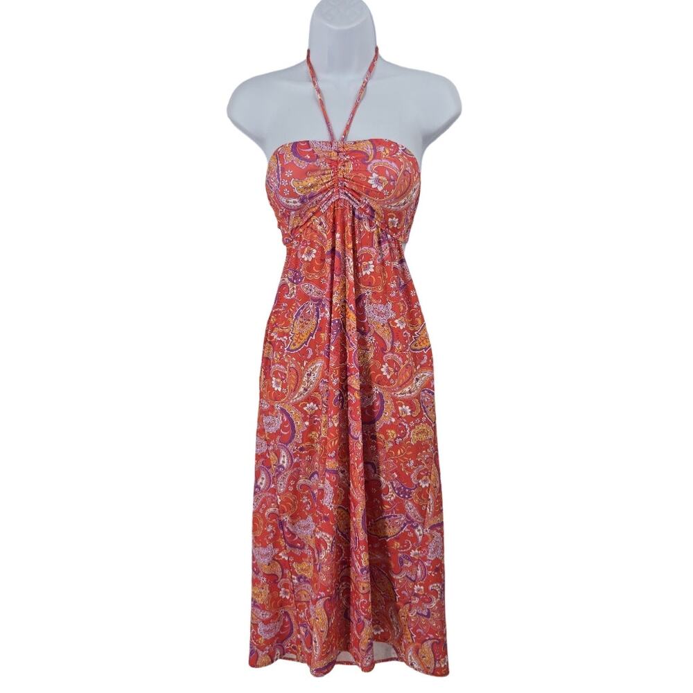 Sunshine 79 Paisley Halter Ruched Swim Cover Dress Cutout Tie Back Pockets S